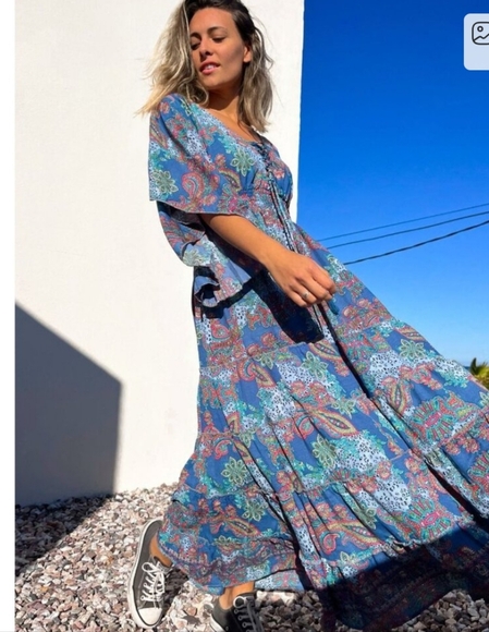 NWT BOEMO ANTHROPOLOGIE BOHO BLUES KIMONO SLEEVES PULL ON SIZE XL MAXI DRESS - Picture 1 of 12